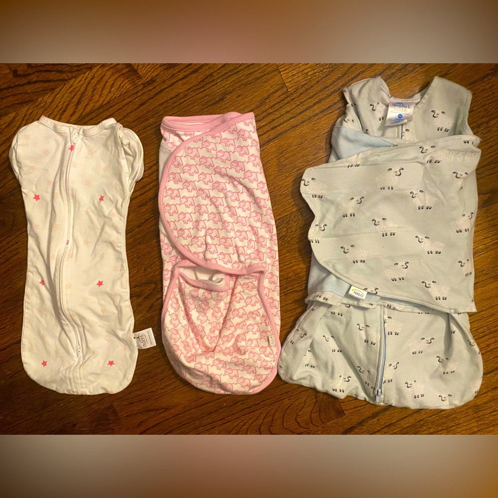 Pack of 3 swaddles- all newborn size.Brands are Aden and anais, jojomama, & Halo